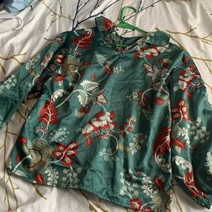 AND Teal and Red Floral Blouse